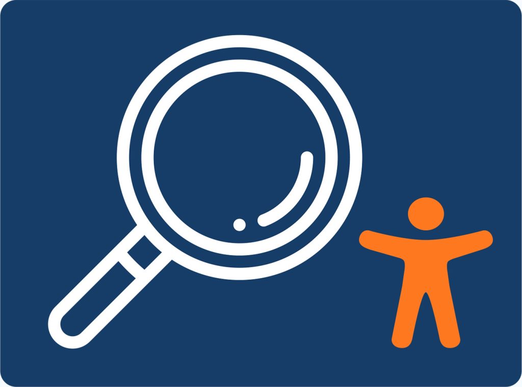 Illustration of a magnifying glass with the universal accessibility icon.