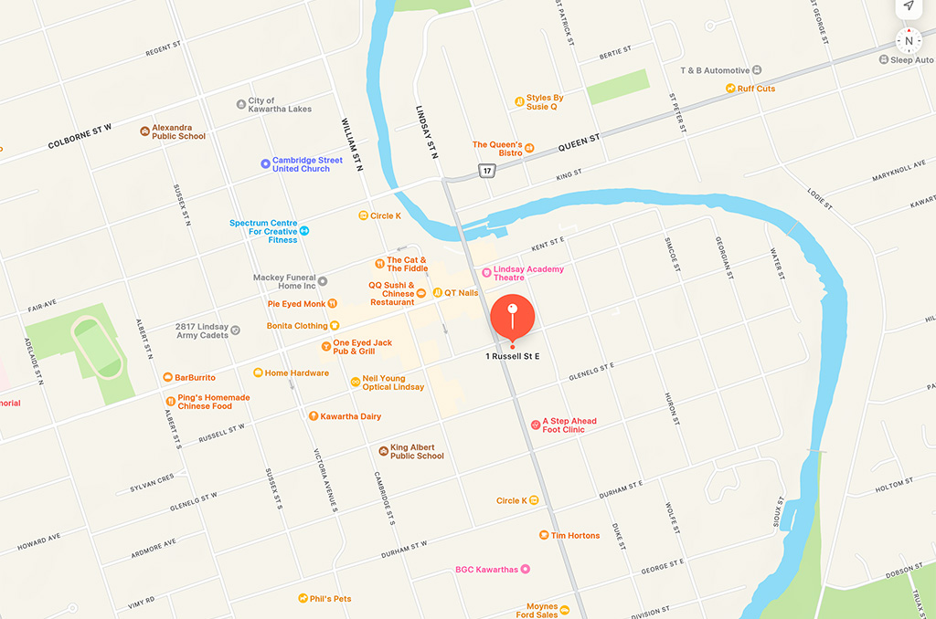 Map showing the office location of 1 Russell St. E., Lindsay.