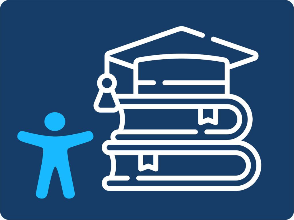 Illustration of a stack of books with the universal accessibility icon.